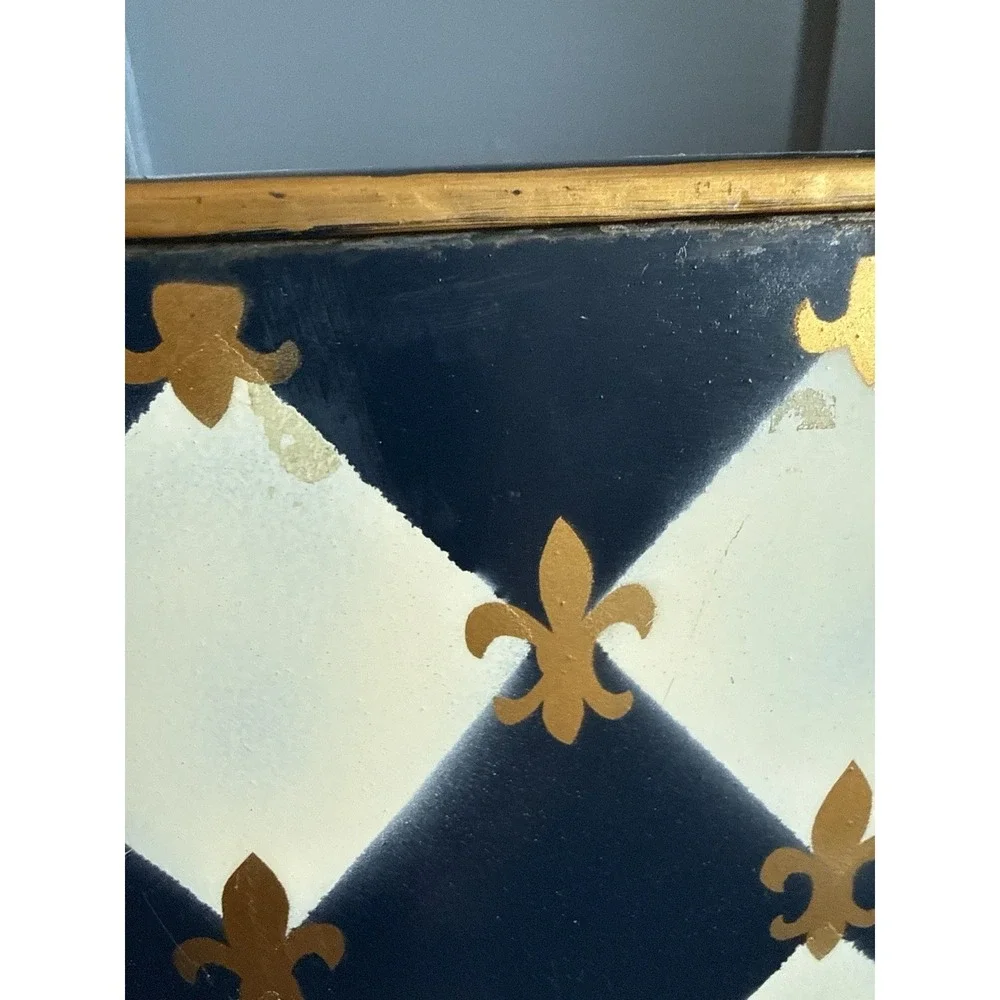 Vintage Mid Century Metal Painted Harlequin Fleur De Lis Tissue Box Holder Blue